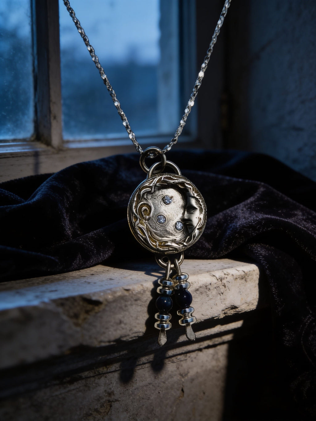 Celene of the Evening Sky Silver Moon Pendant