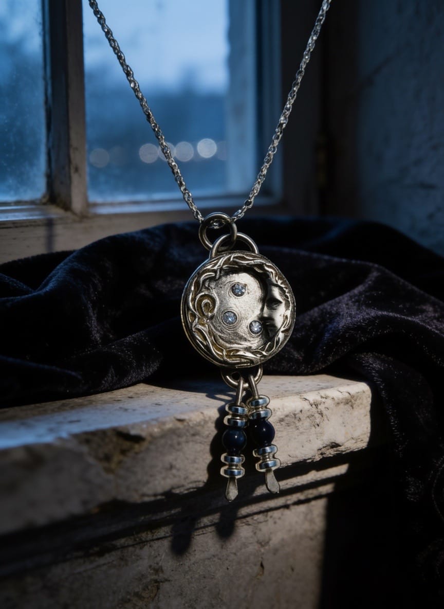 Celene of the Evening Sky Silver Moon Pendant