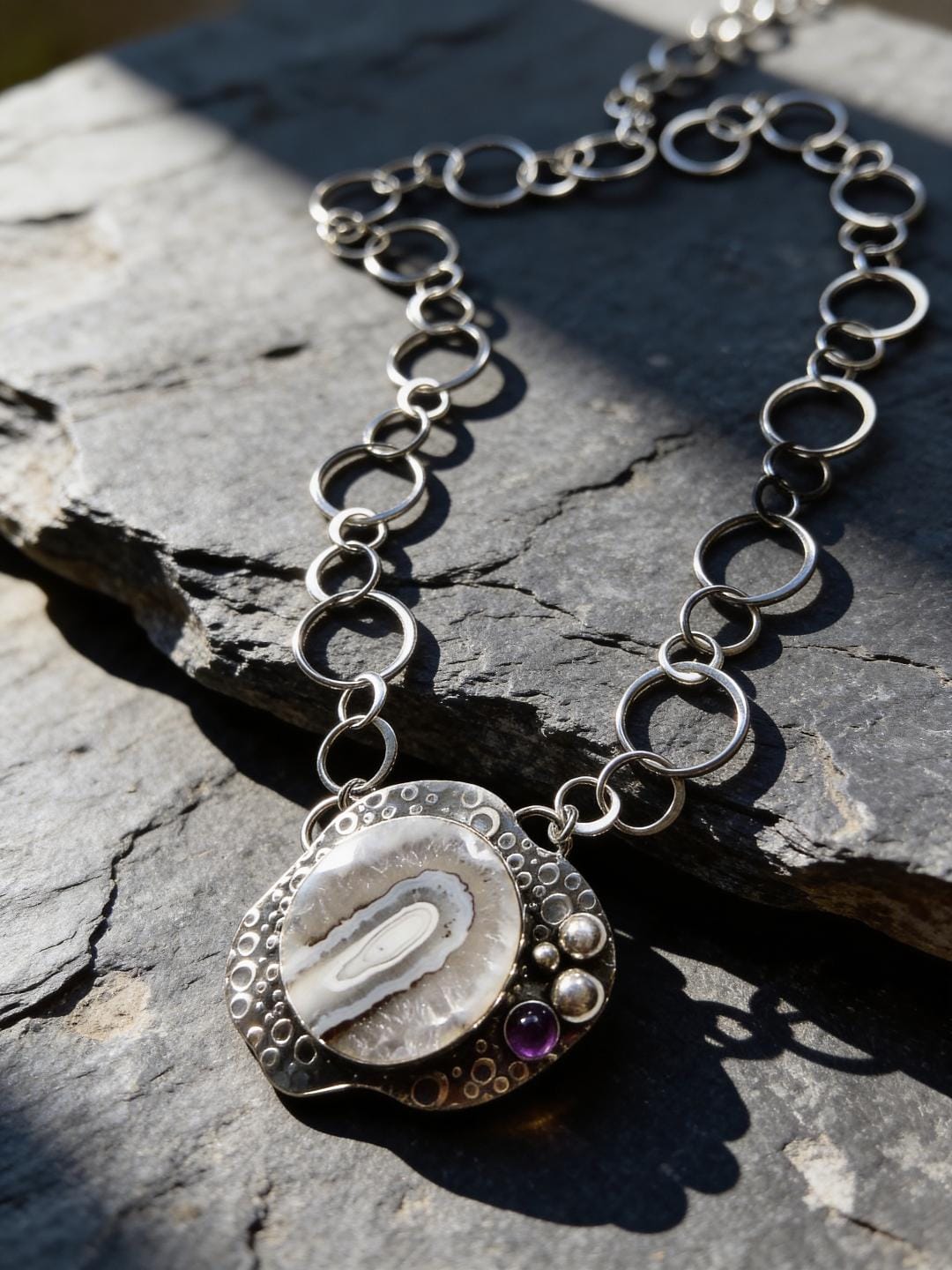 Inner Portal Agate Druzy and Amethyst pendant with handcrafted sterling silver chain by jewelry artist Christine Keller.
