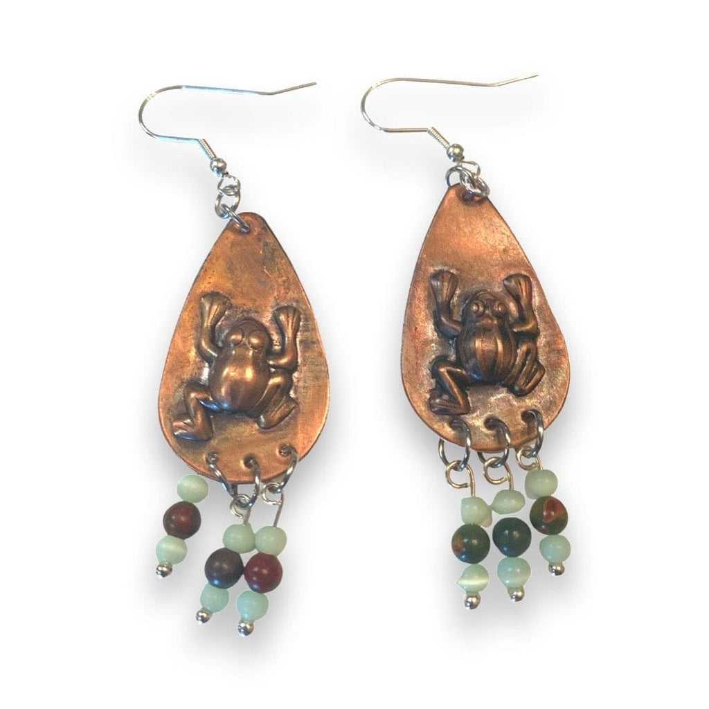 Copper teardrop earrings with frog design and bead accents on a white background