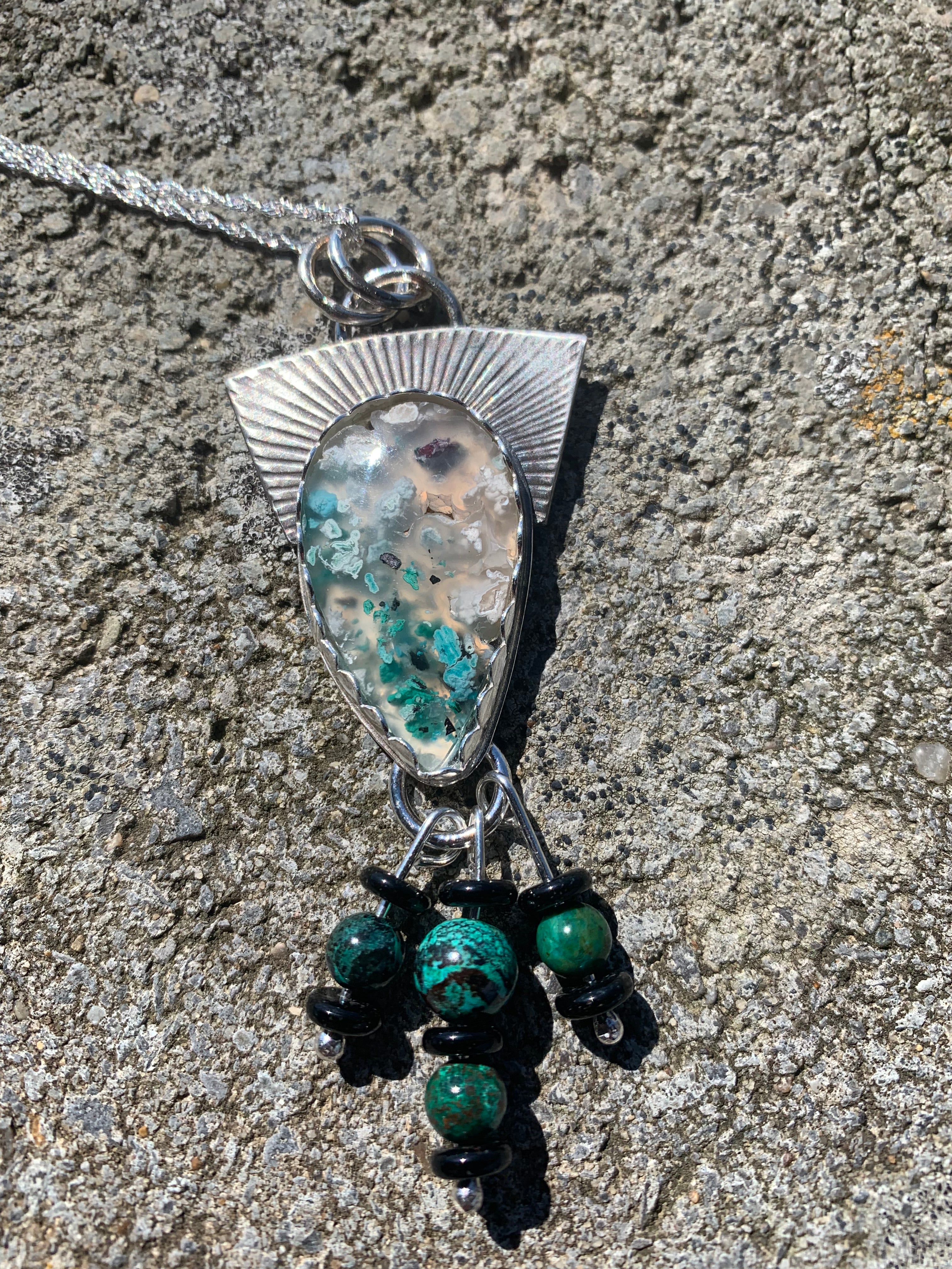 'Floating through Time ' Confetti Chrysocolla Silver Pendant