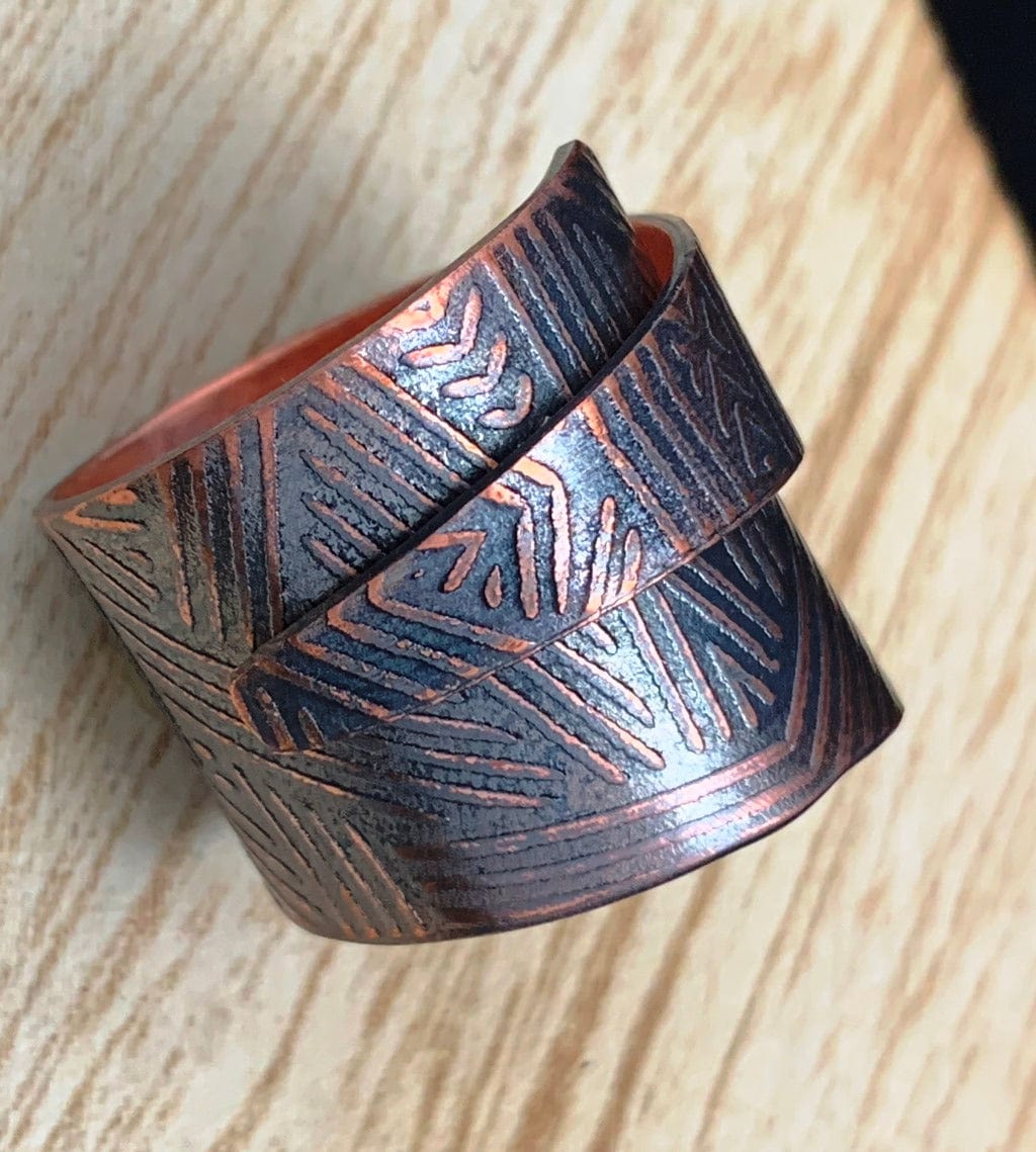 Copper band ring with etched design