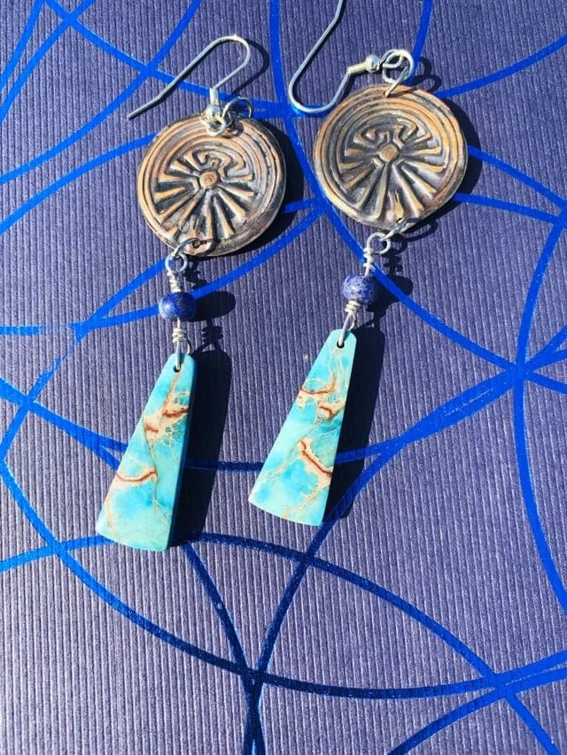 Copper Maze earrings with turquoise and lapis accents