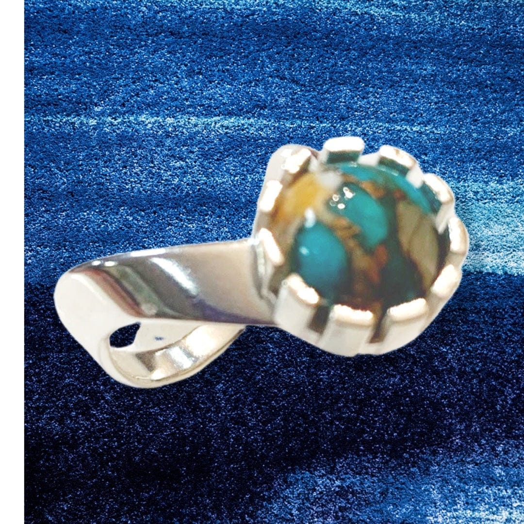 “Earthfire V” — Copper Oyster Turquoise Silver Statement Ring  size 8