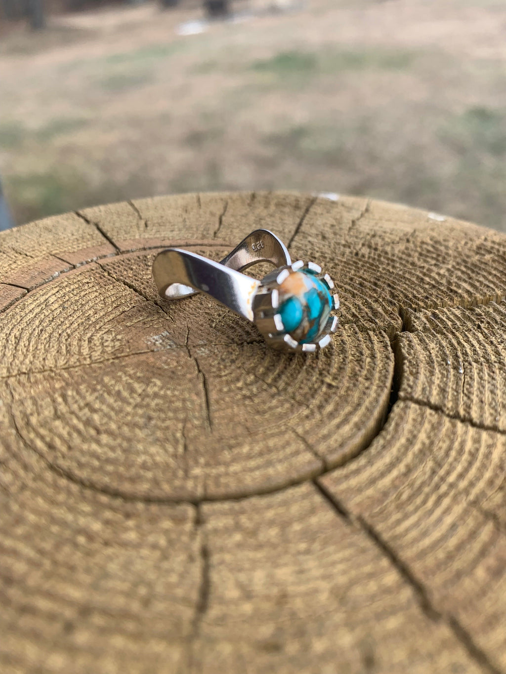 “Earthfire V” — Copper Oyster Turquoise Silver Statement Ring  size 8