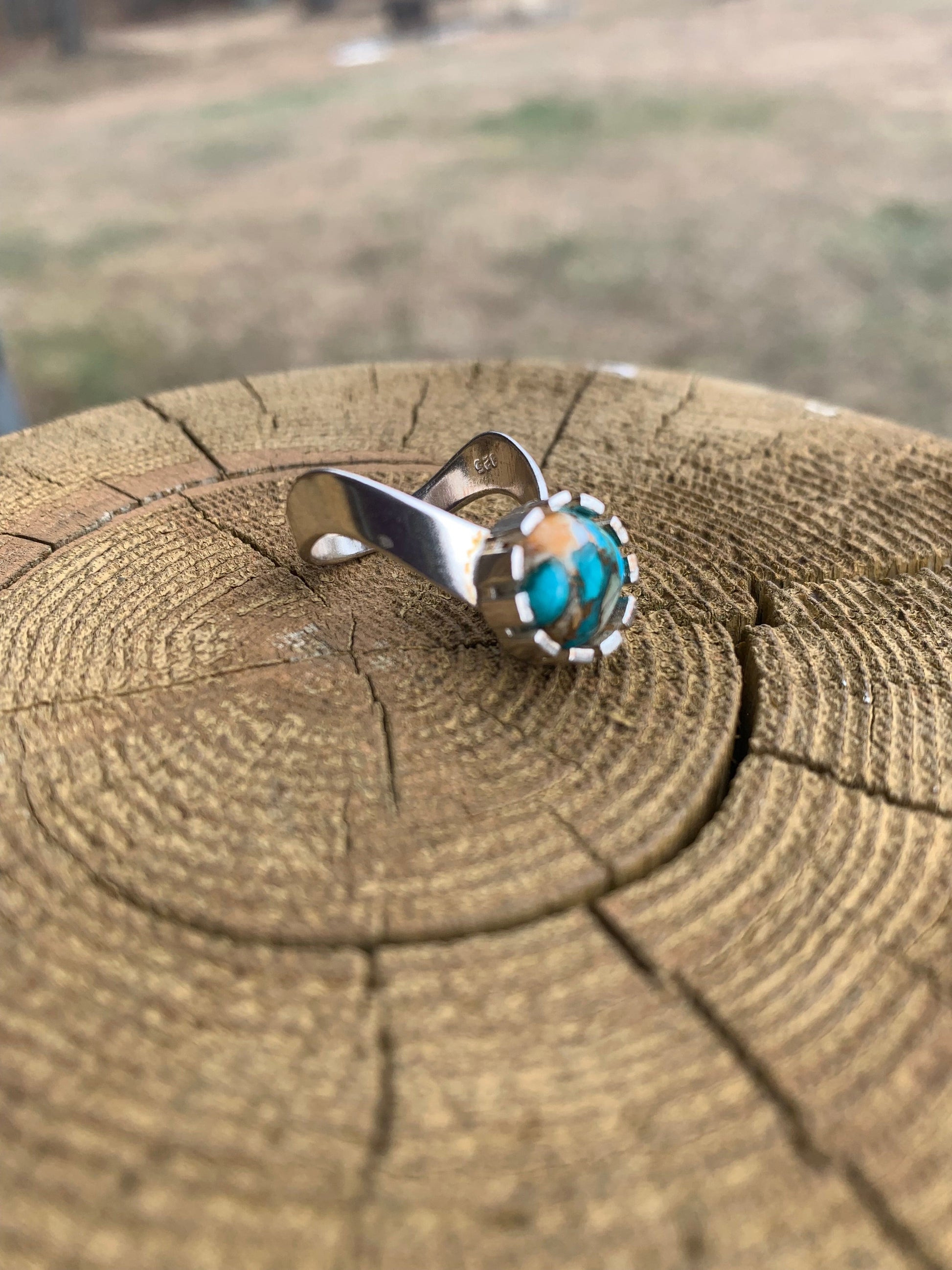 “Earthfire V” — Copper Oyster Turquoise Silver Statement Ring  size 8