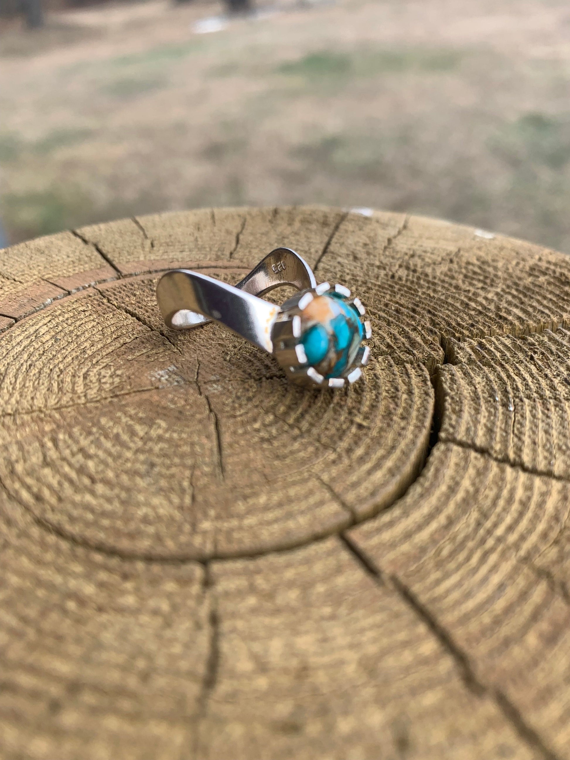 “Earthfire V” — Copper Oyster Turquoise Silver Statement Ring  size 8