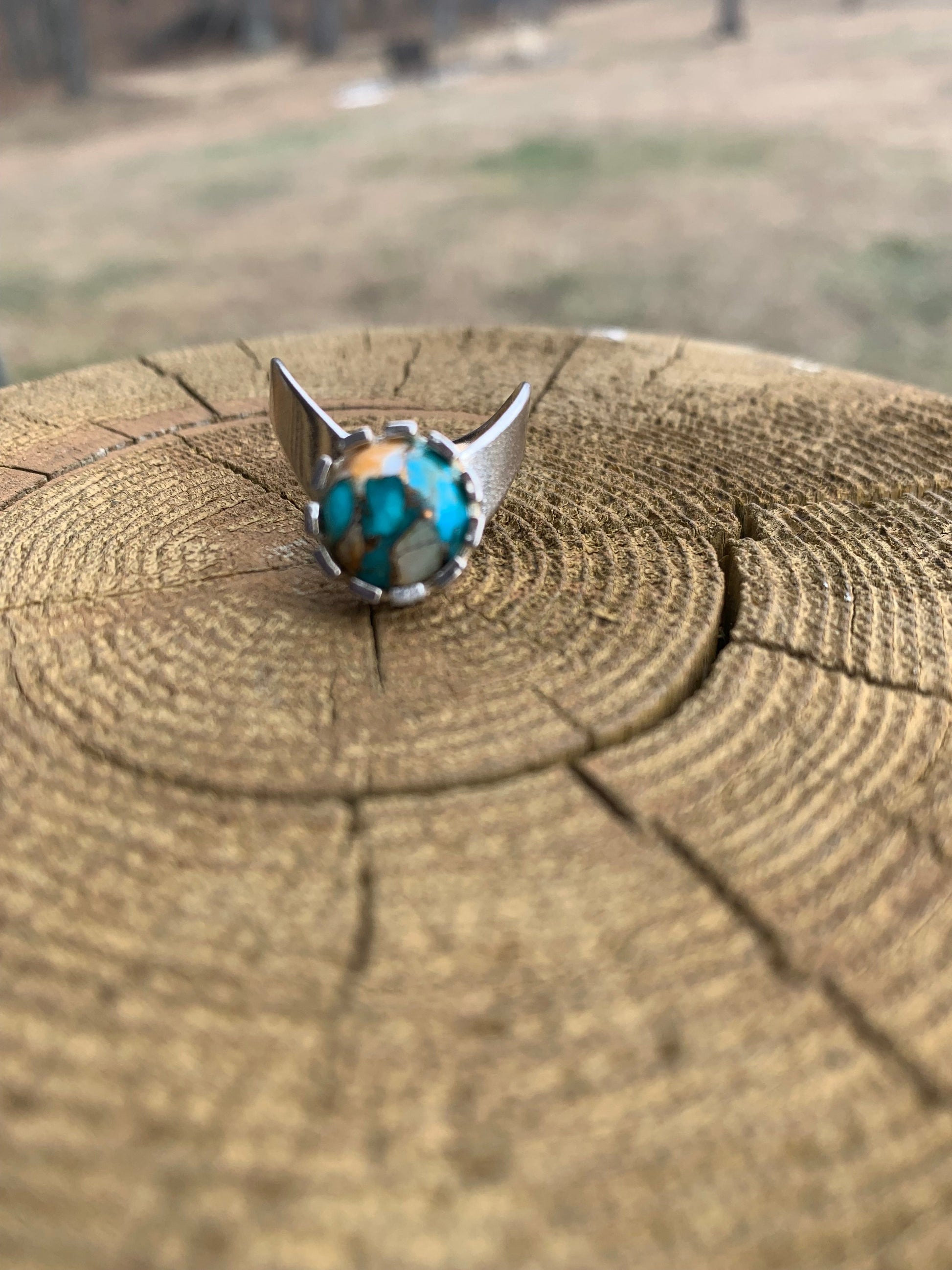 “Earthfire V” — Copper Oyster Turquoise Silver Statement Ring  size 8