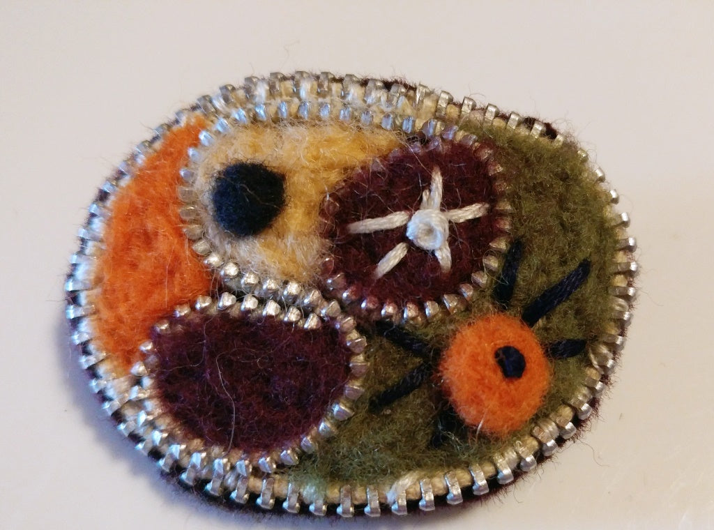 Topsy Turvy Hand Felted Zipper Pin Brooch Art Jewelry
