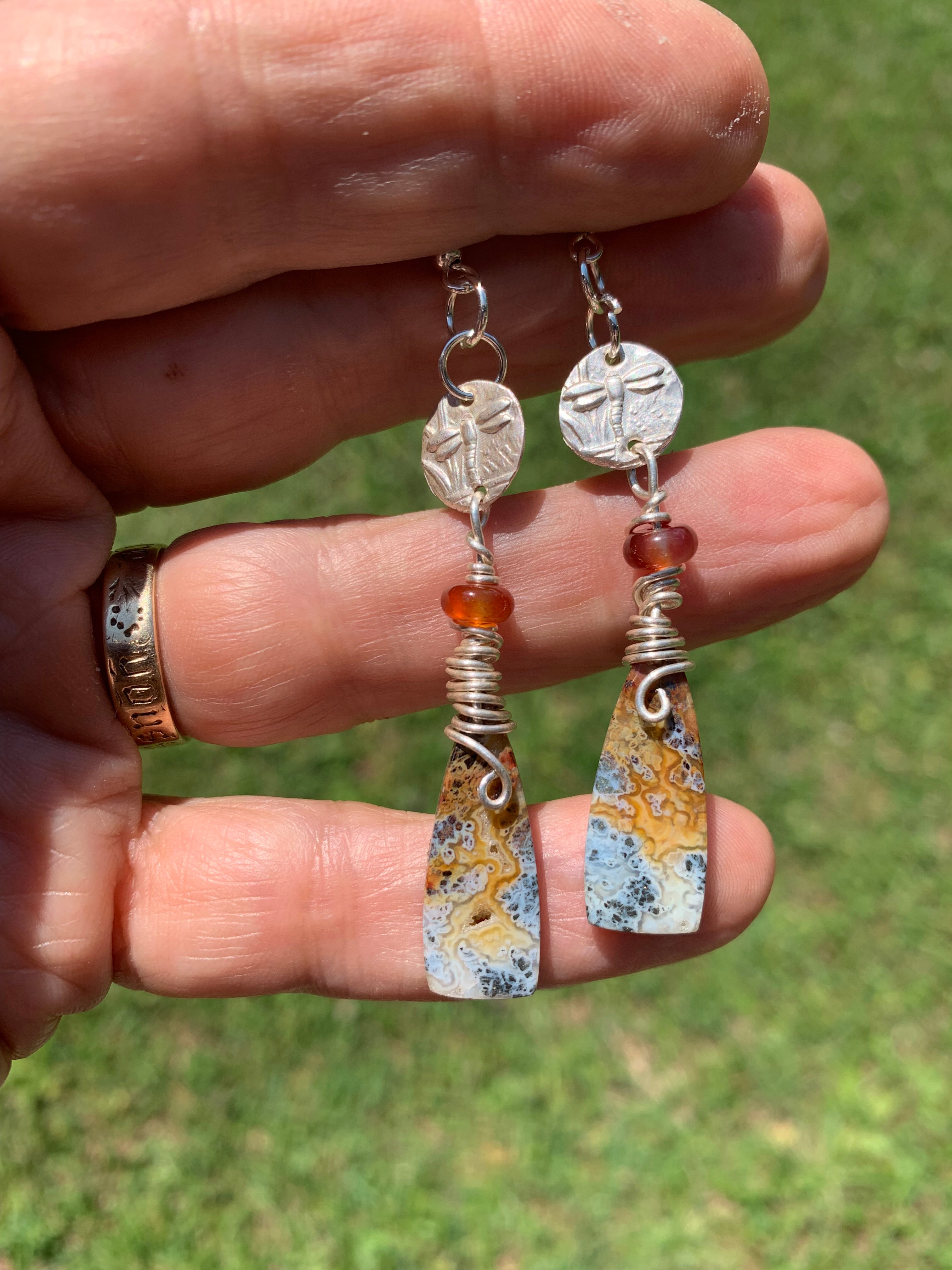 W- 'Dragonfly' Red Marcasite and Silver Earrings with Carnelian