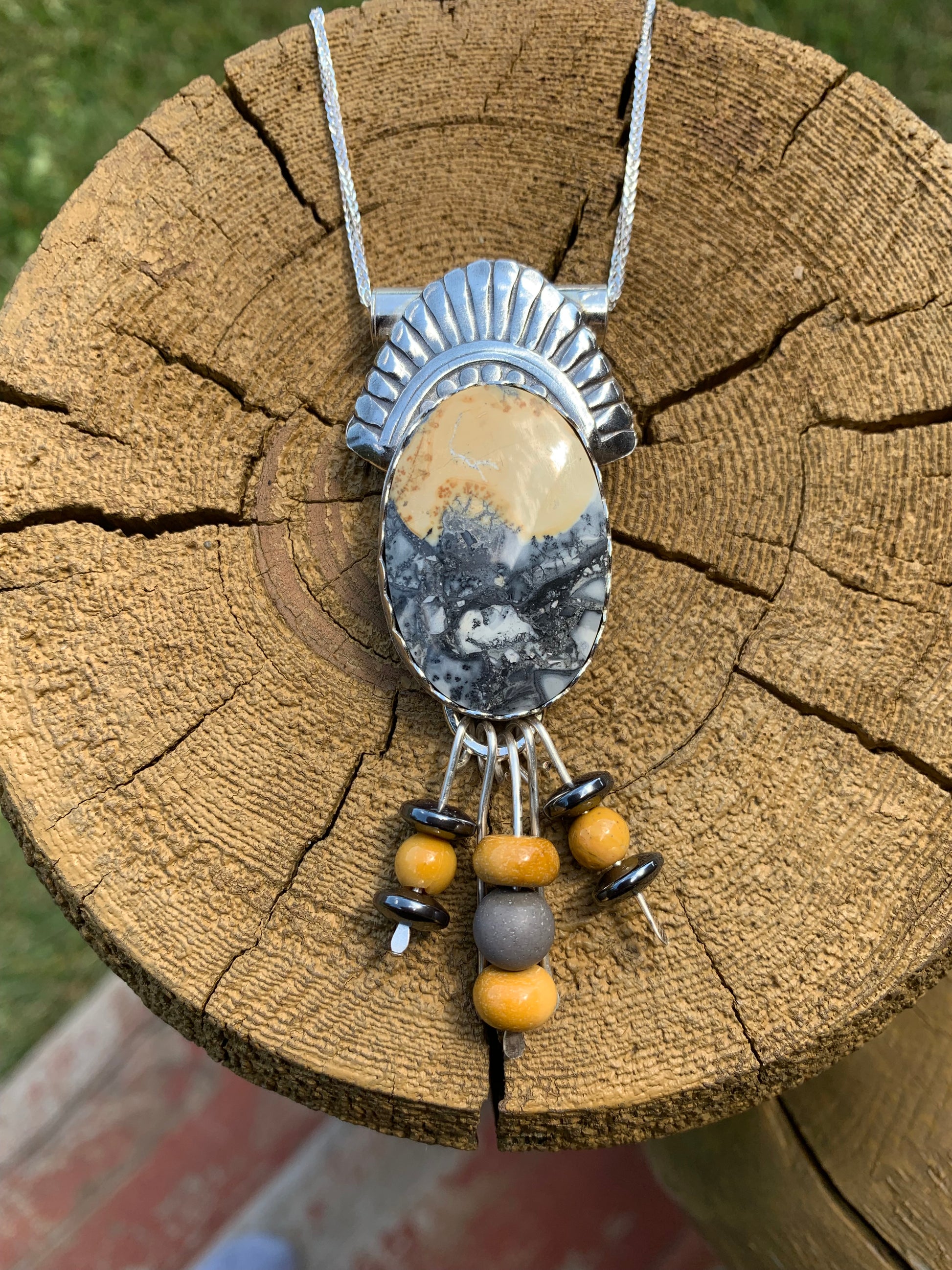Early Morning Meadow necklace with stone pendant and beads