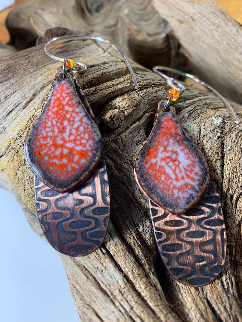 'Electric Paths' Orange Enamel Earrings