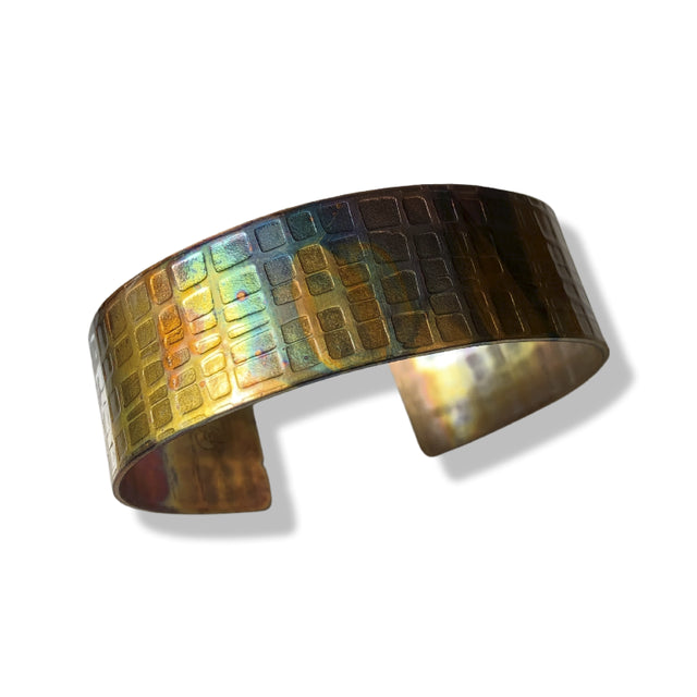 Flame Painted 'Little Squares' Narrow Copper Cuff