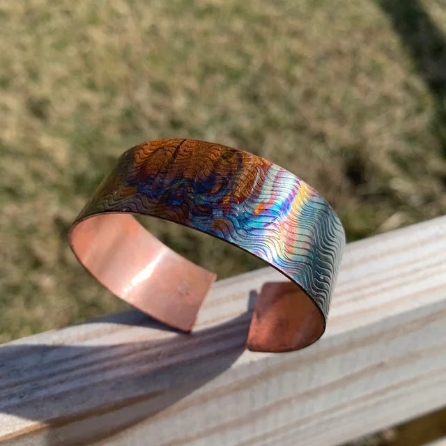 Flame Painted Crazy Lines Copper Wellness Cuff