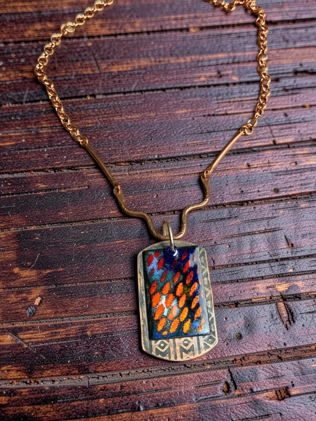 'Fire in the Rain' Enamel Pendant in blues and orange