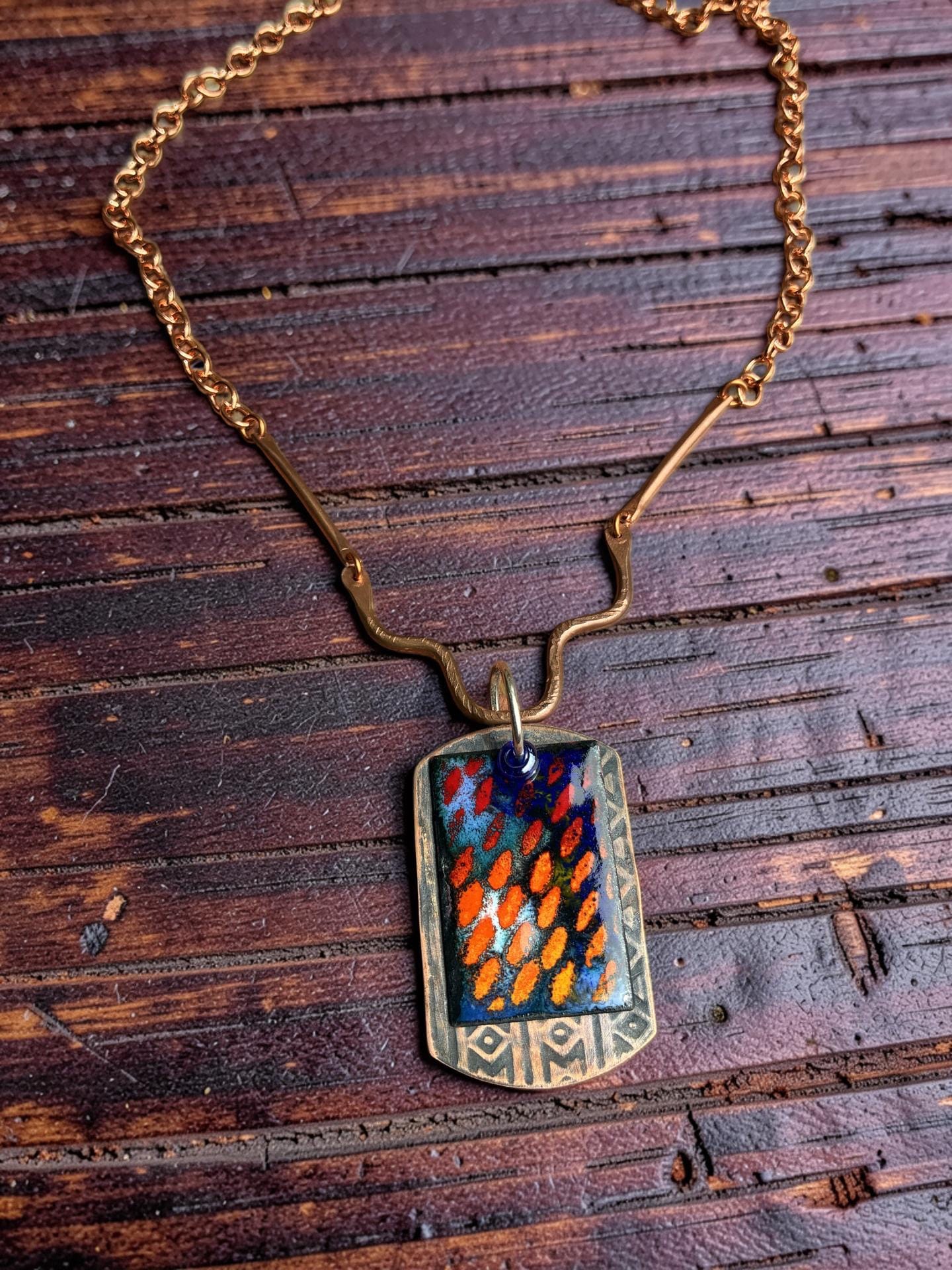 'Fire in the Rain' Enamel Pendant in blues and orange
