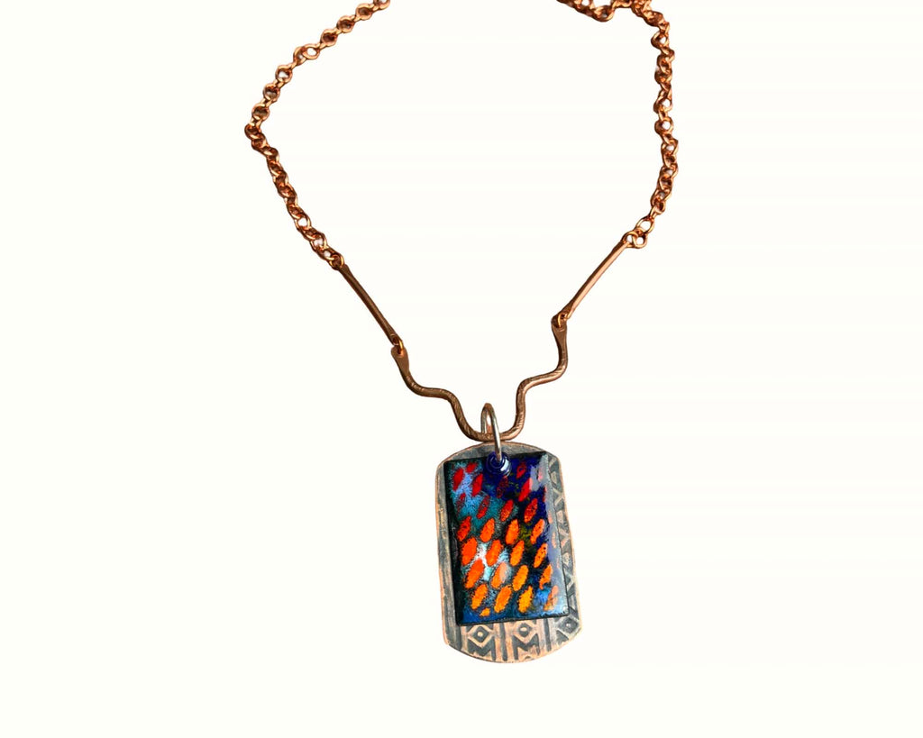 'Fire in the Rain' Enamel Pendant in blues and orange