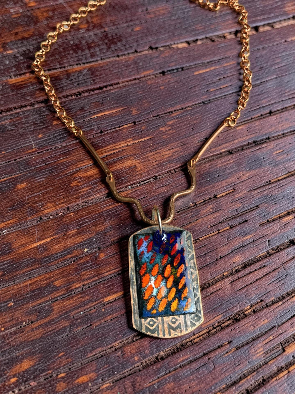 'Fire in the Rain' Enamel Pendant in blues and orange