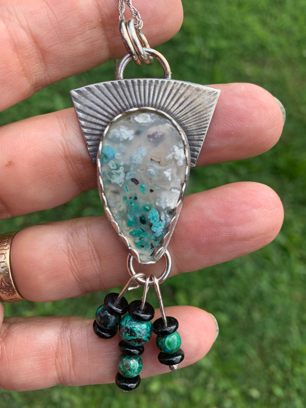 'Floating through Time ' Confetti Chrysocolla Silver Pendant