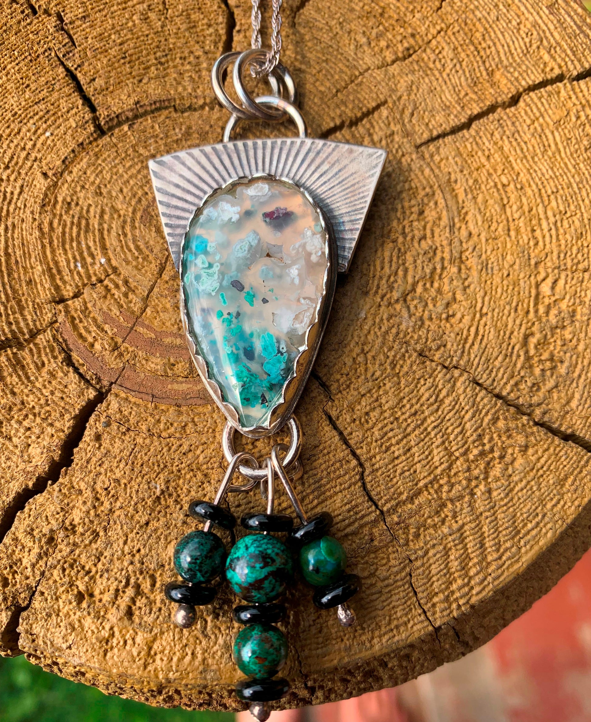 'Floating through Time ' Confetti Chrysocolla Silver Pendant