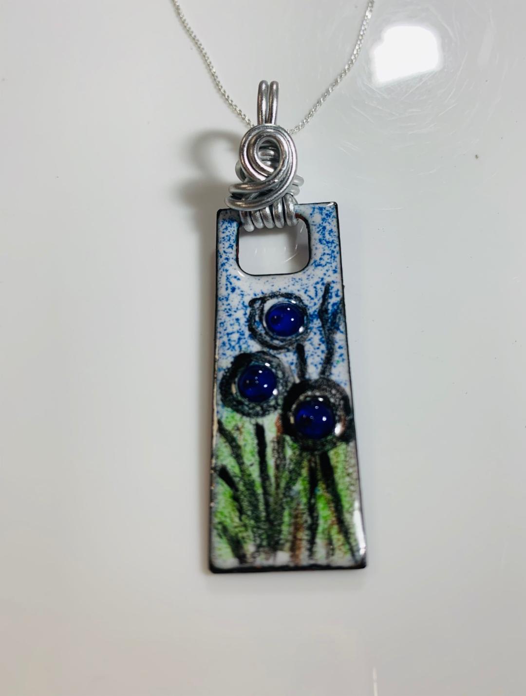 'Three Flowers' Enamel Pendant in blues and greens