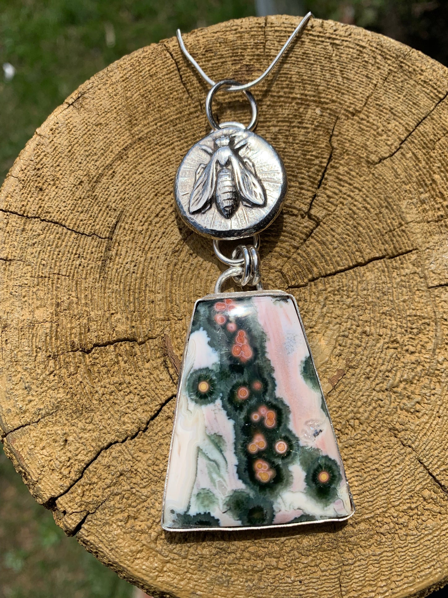 'Flowers and Bees' Silver Ocean Jasper Pendant