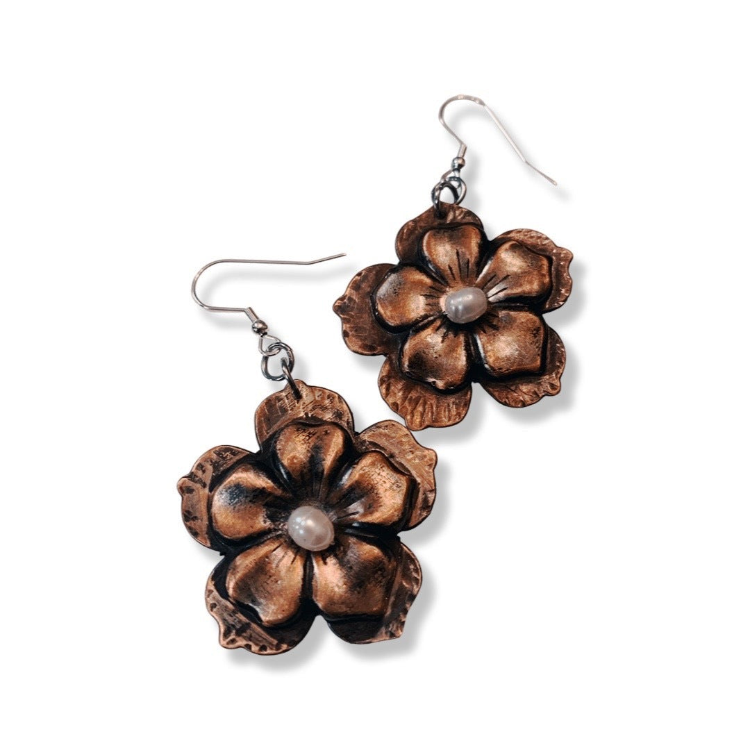 'Flower Blooms' Copper with Pearls Earrings