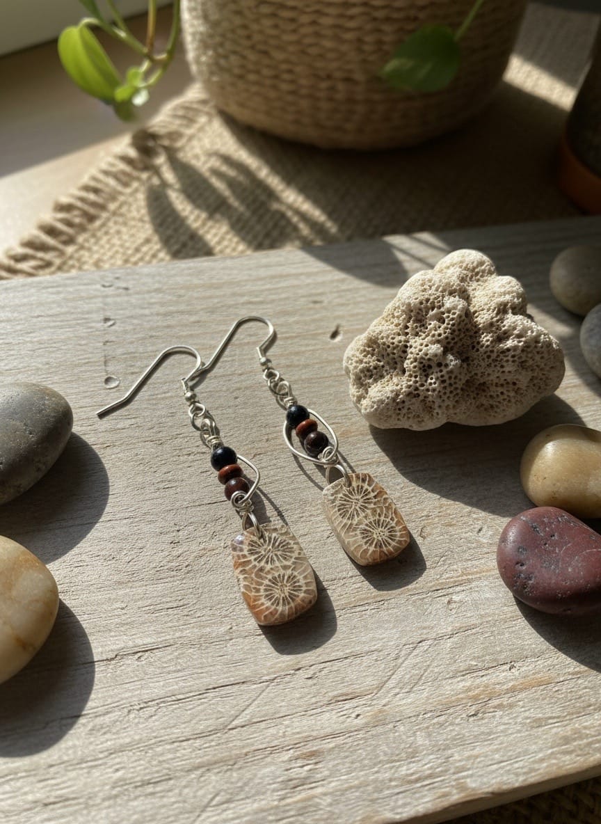 'Ancient Bloom' Fossil Coral and  Silver One-of-a-Kind Earrings