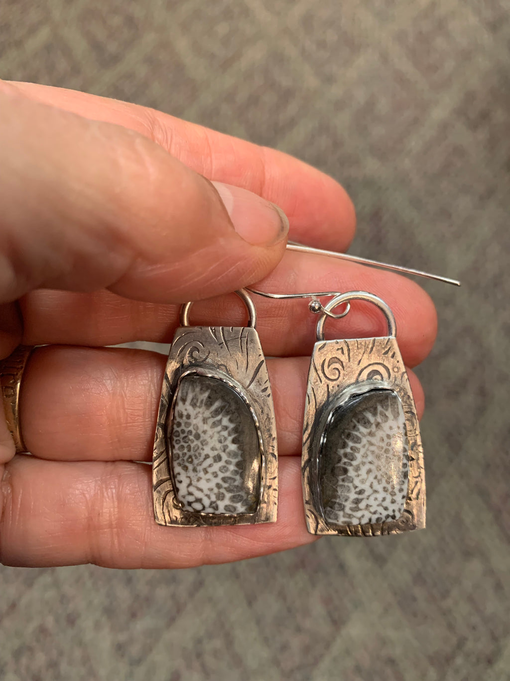'Sun Burst' Fossil Coral Silver Earrings