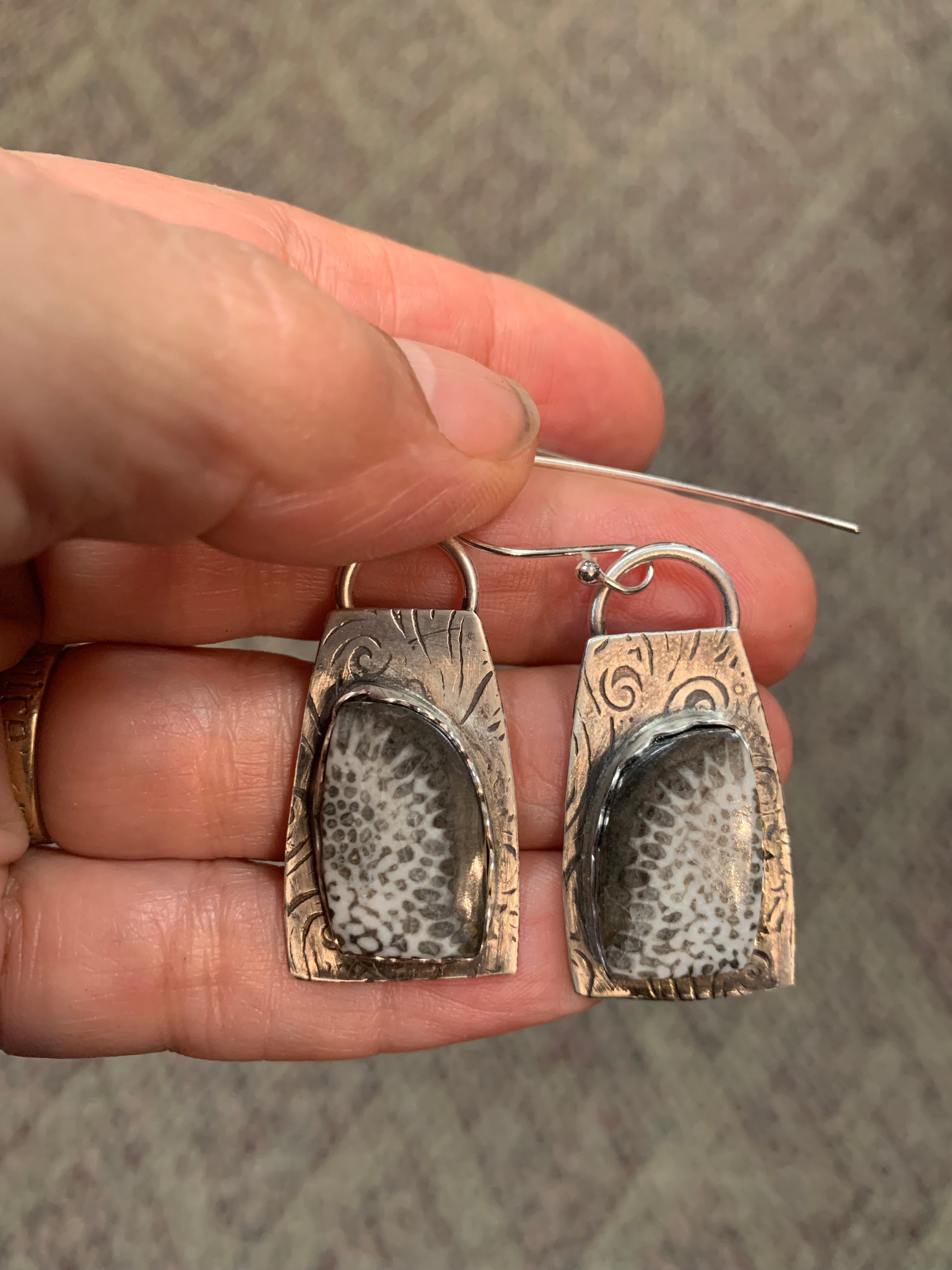 'Sun Burst' Fossil Coral Silver Earrings