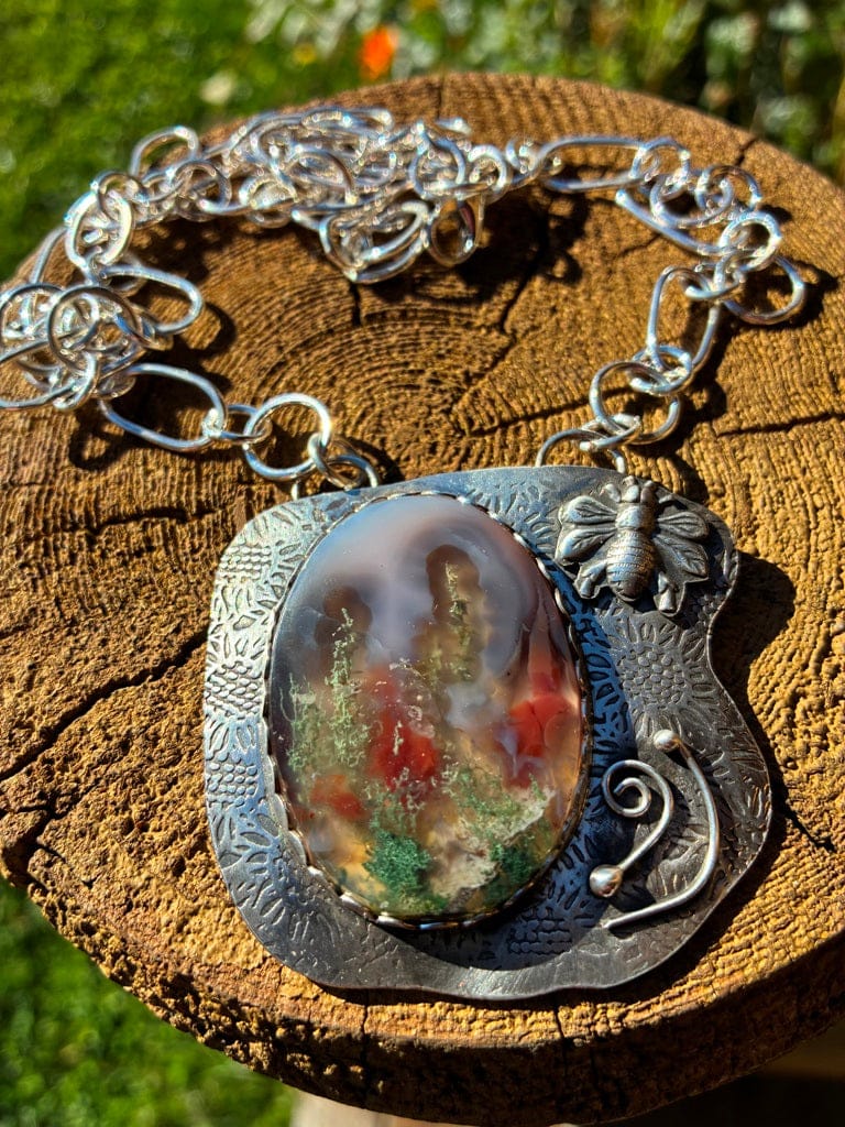 Garden Beyond the Veil by Christine Keller, AA moss agate pendant with handcrafted botanical sterling silver setting and 24-inch handmade silver link chain.