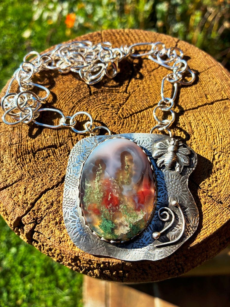 Garden Beyond the Veil by Christine Keller, AA moss agate pendant with handcrafted botanical sterling silver setting and 24-inch handmade silver link chain.