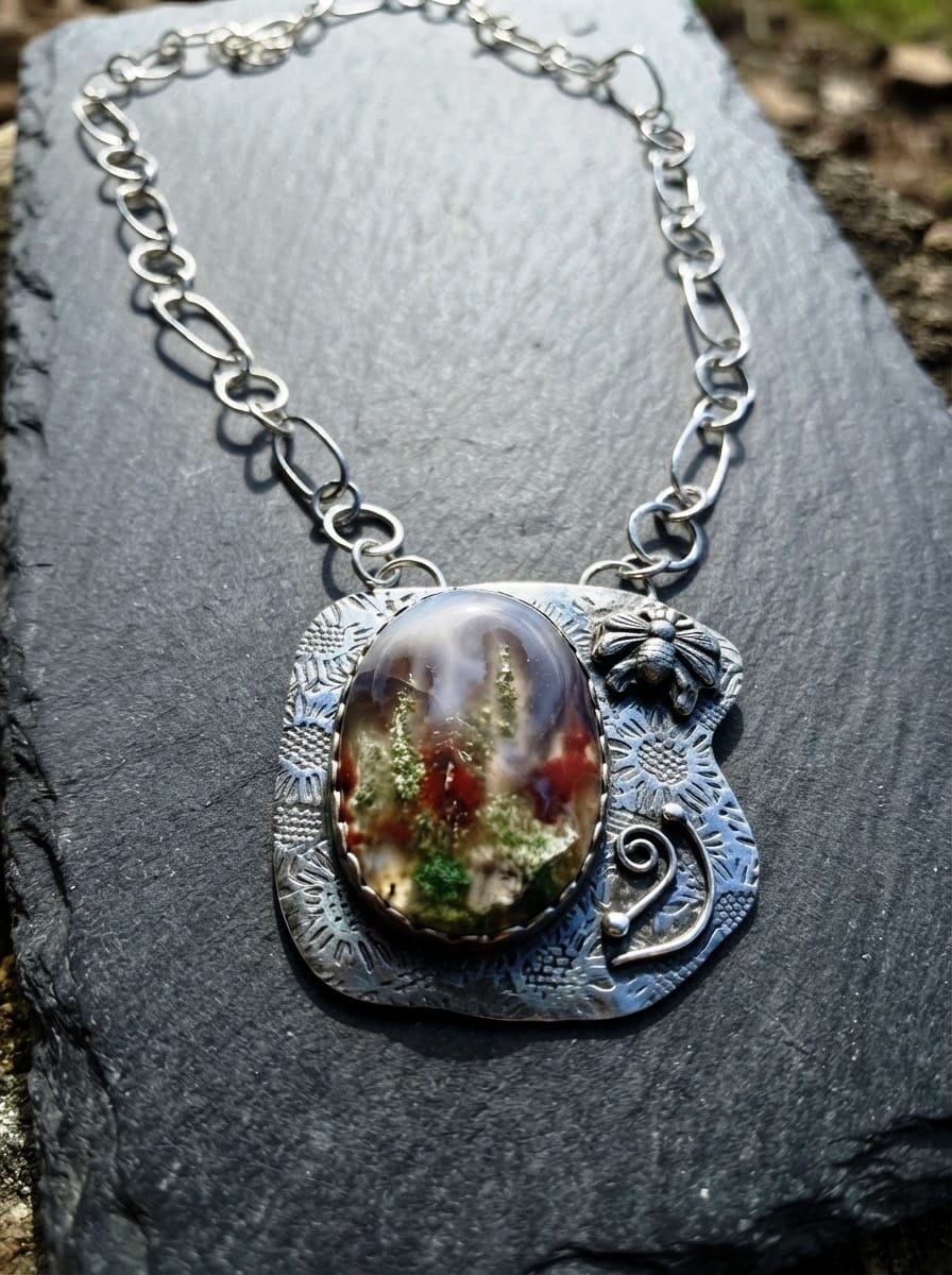 Garden Beyond the Veil by Christine Keller, AA moss agate pendant with handcrafted botanical sterling silver setting and 24-inch handmade silver link chain.