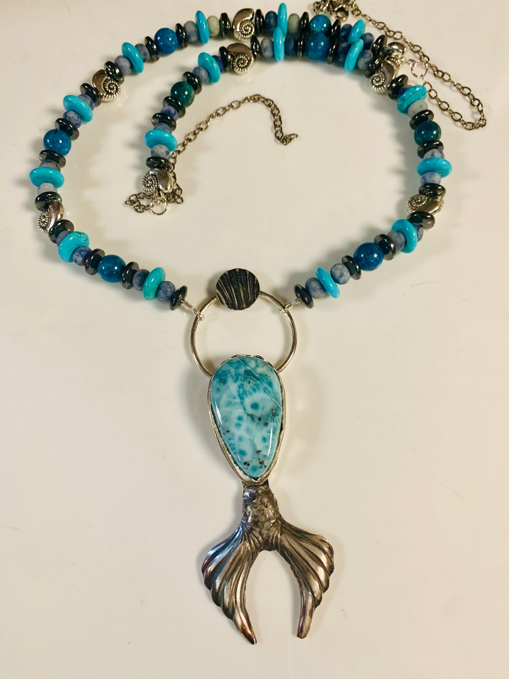 Goddess of Sea necklace with turquoise beads and mermaid tail pendant