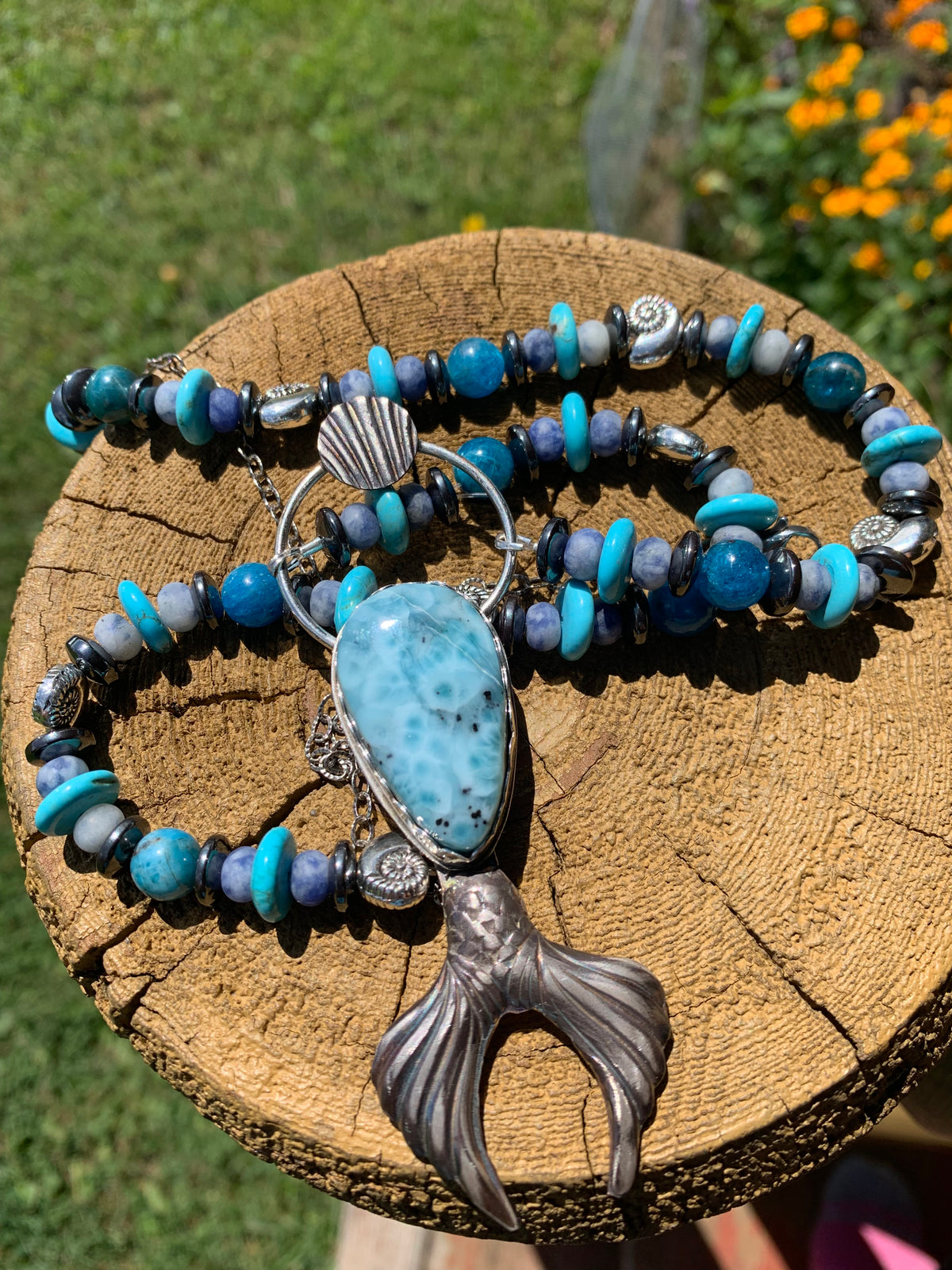 Goddess of Sea necklace with larimar, shells, and a mermaid tail