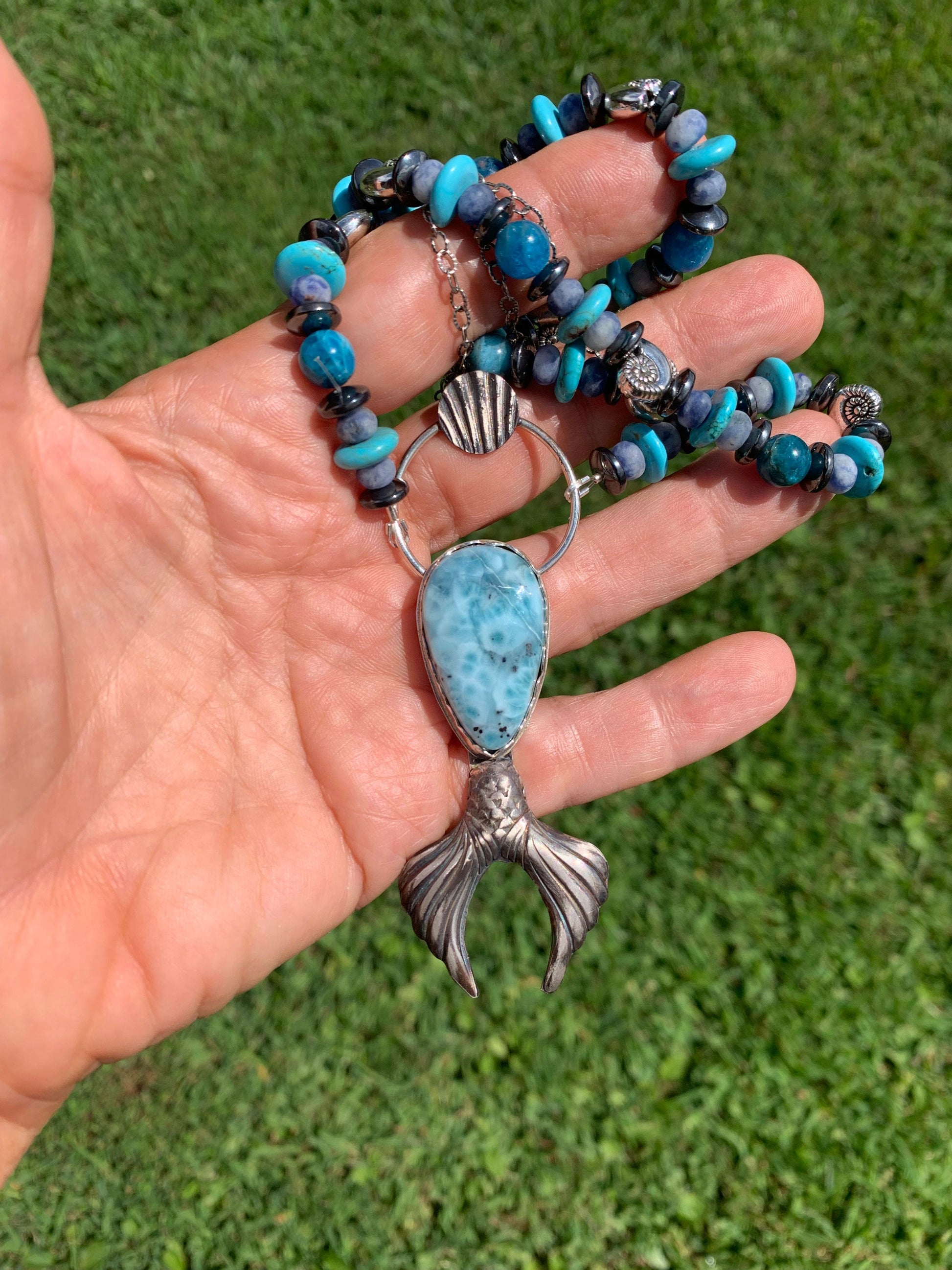 Goddess of Sea necklace with blue Larimar pendant and mermaid tail