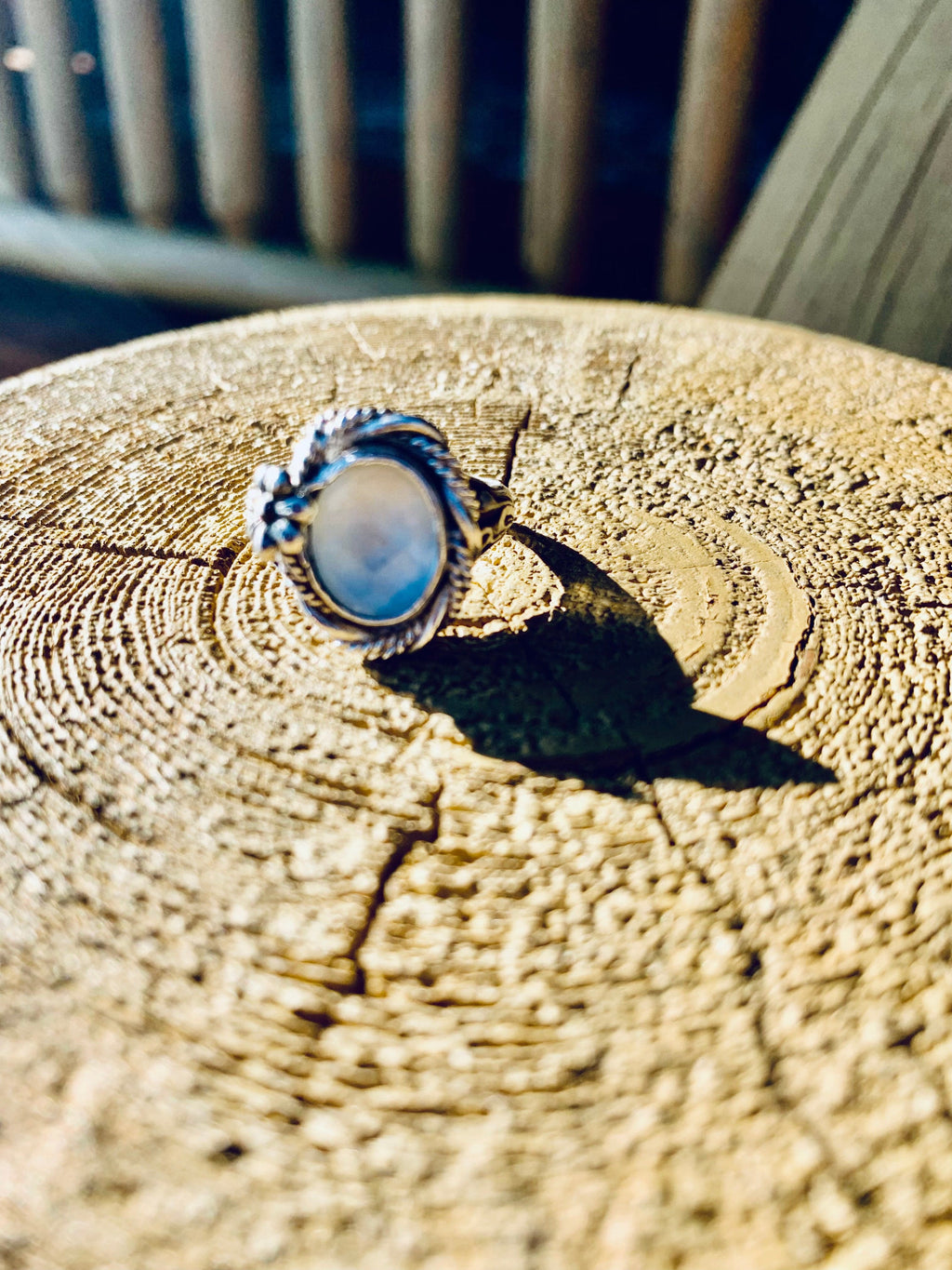 Green Amethyst ring on wood