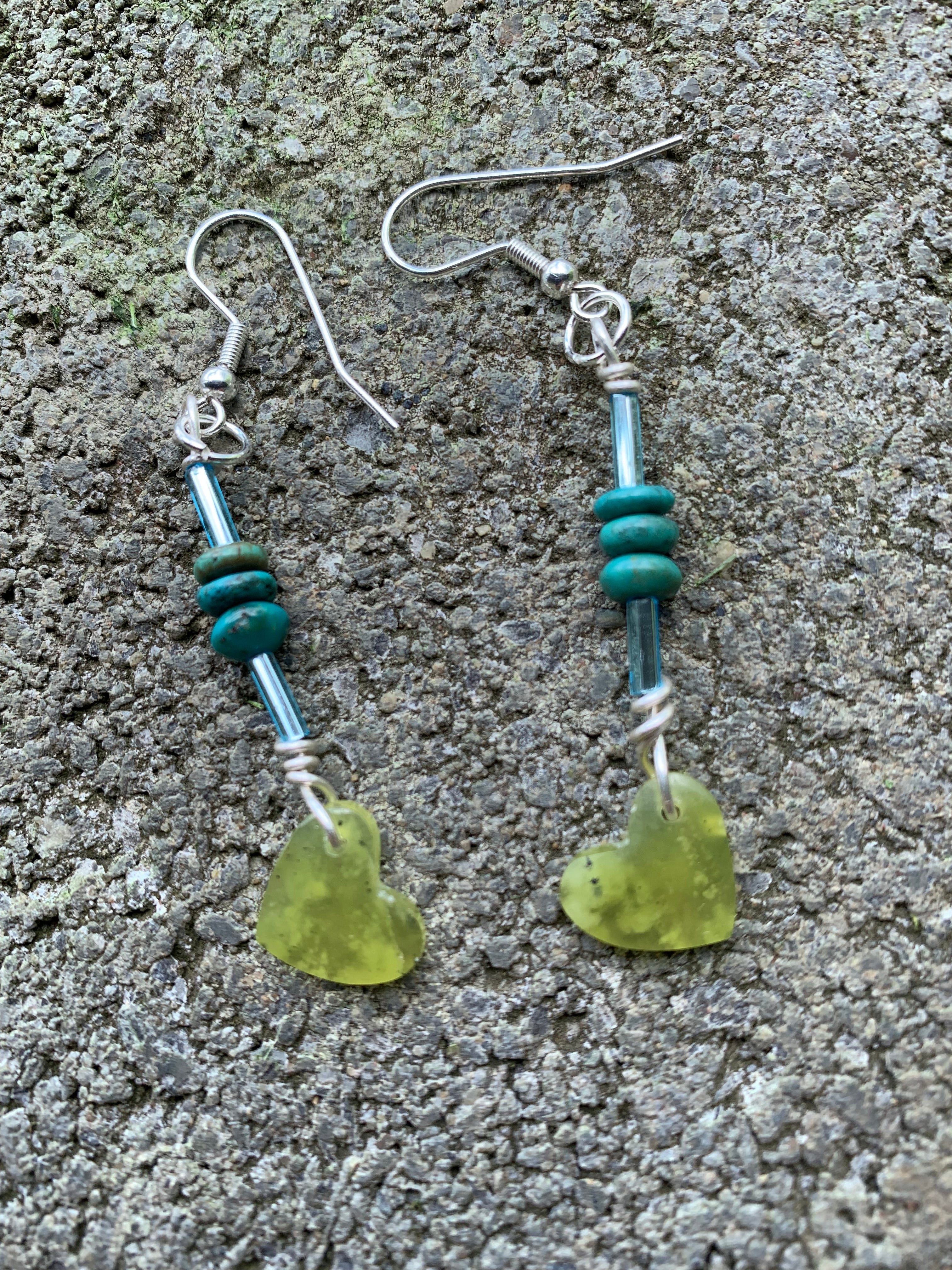 W-   Variscite Heart and Turquoise Earrings in Fine Silver