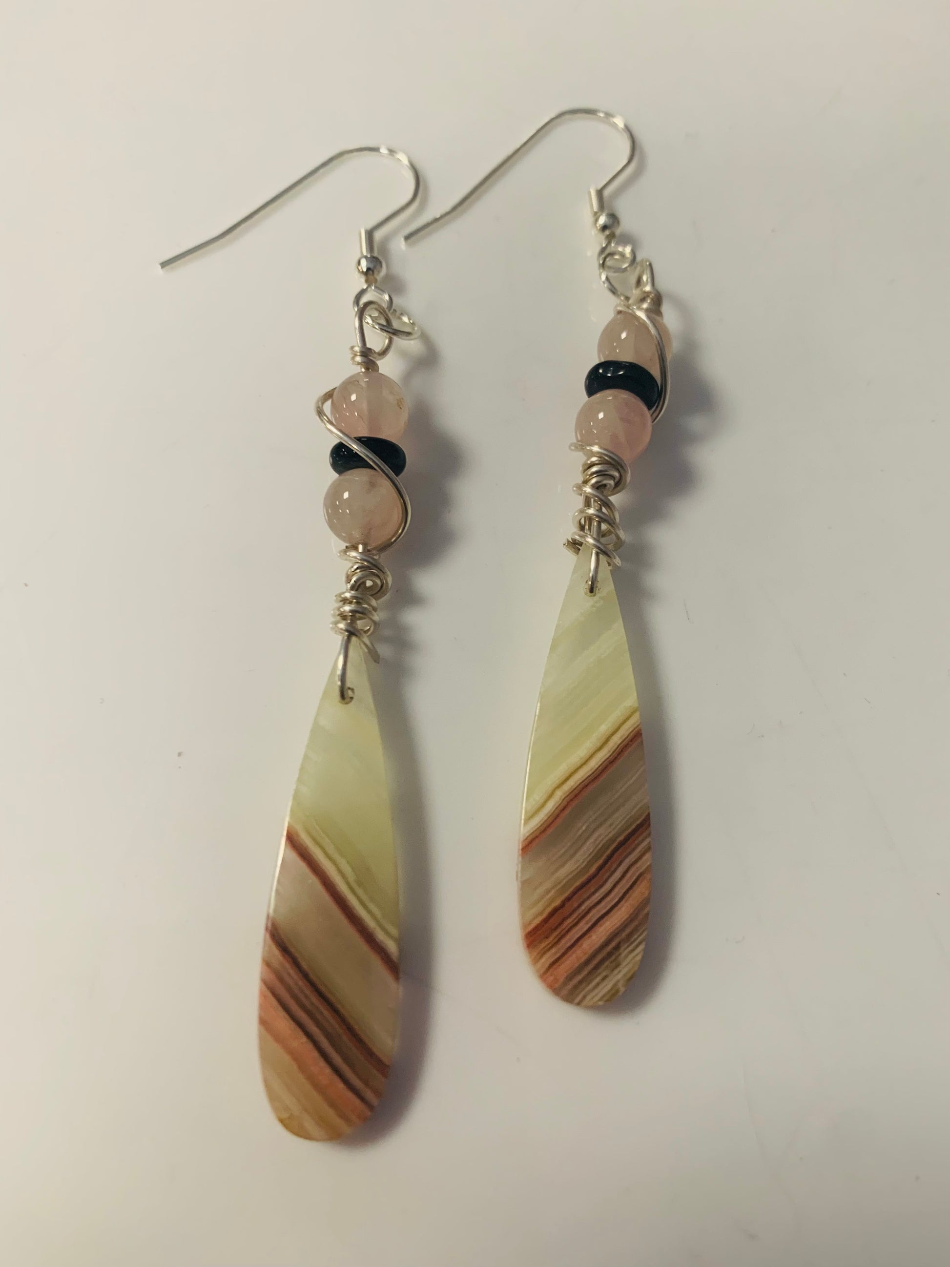 Green Onyx with Rose Quartz Earrings in Fine Silver