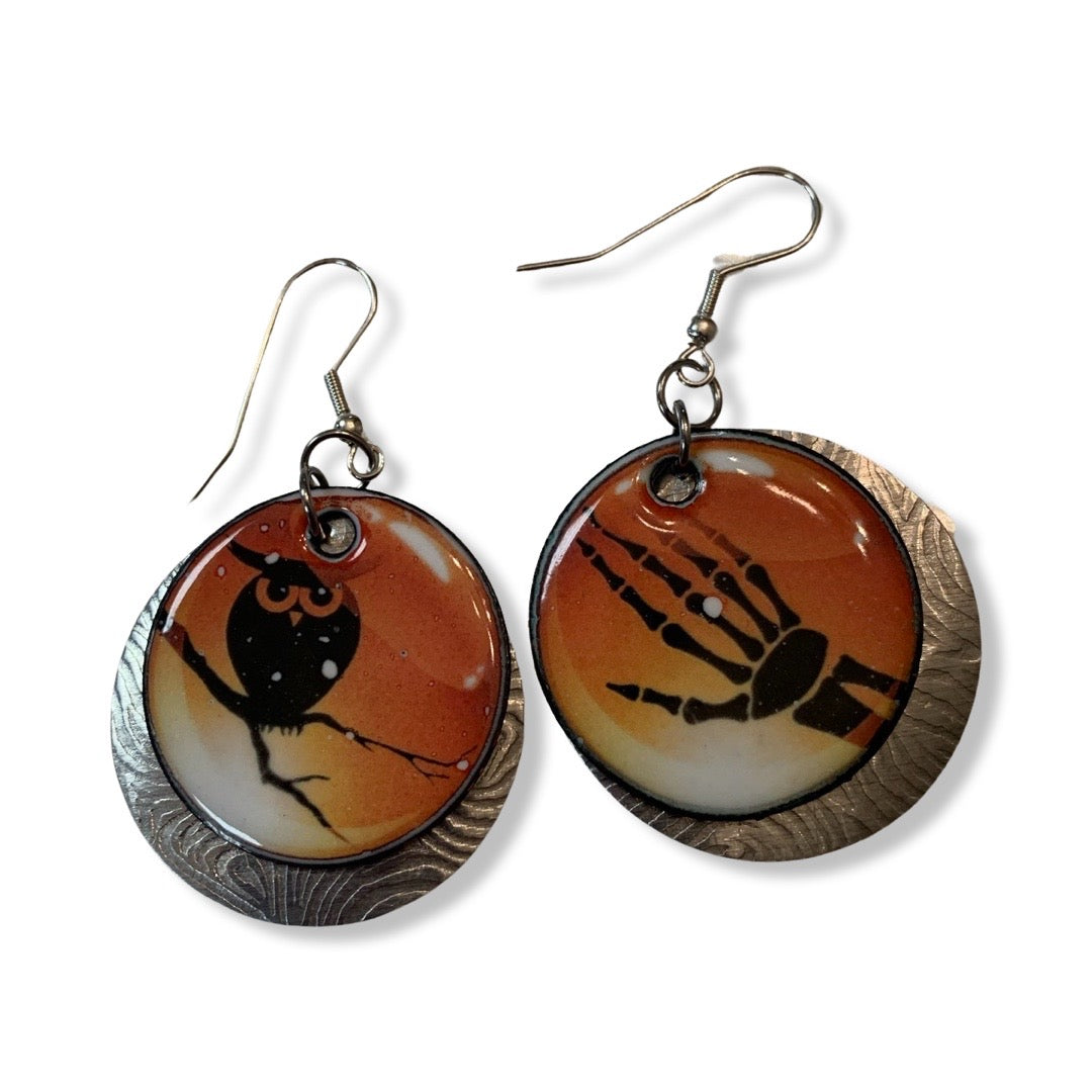 Owl and Hand Halloween Enamel Earrings