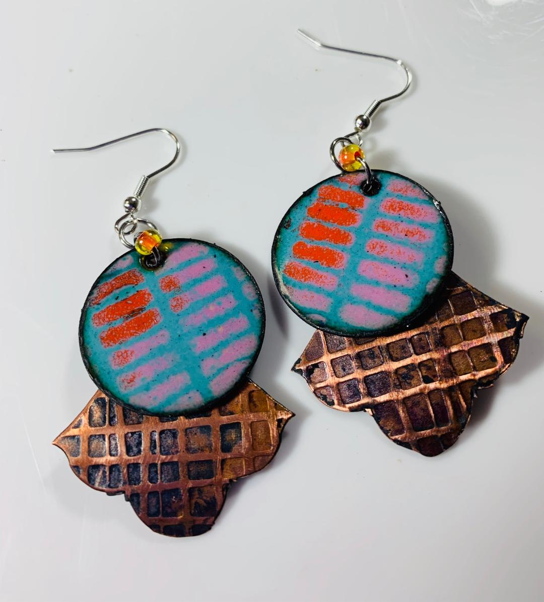 'Happy Thoughts' Blue, Pink and Orange Enamel Earrings