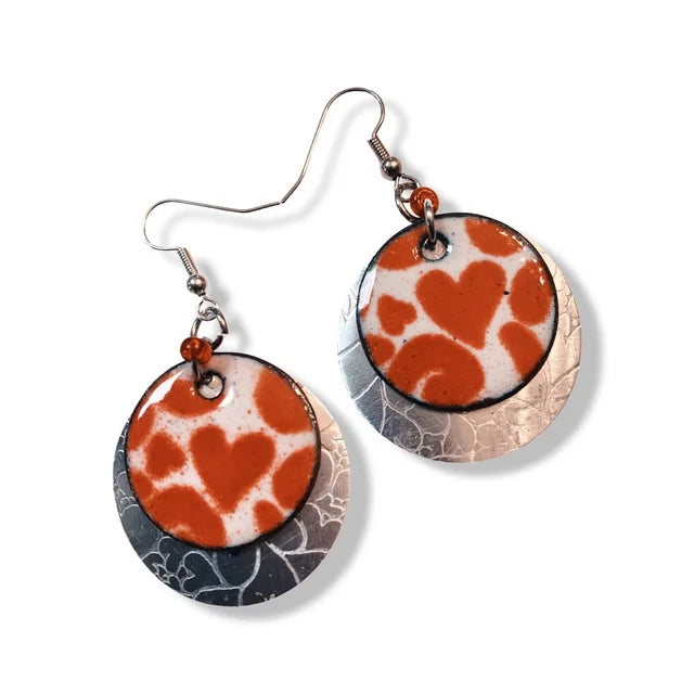 'Hearts and Swirls' red and white Enamel Earrings