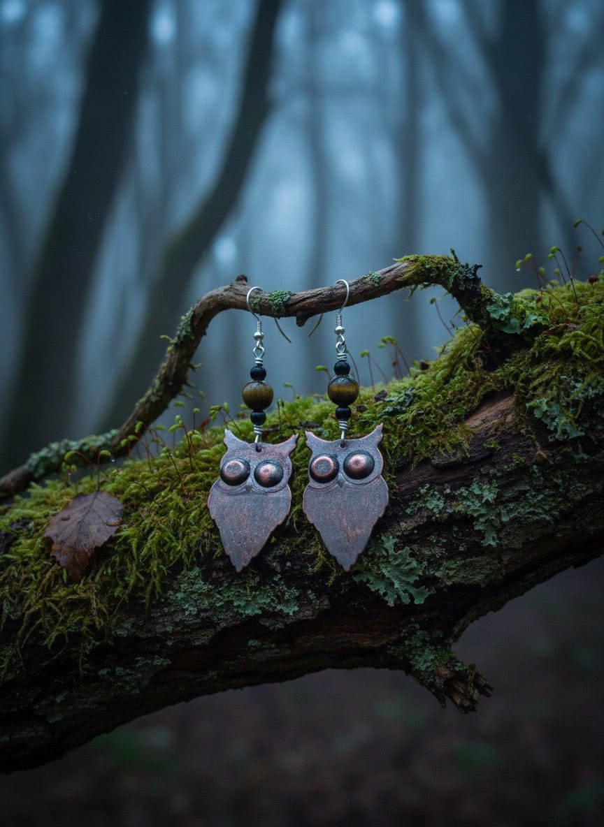 Pair of owl-shaped earrings on a mossy branch with a forest background