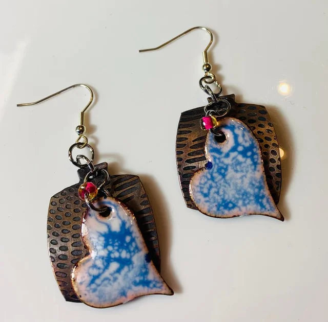 'Hopeful Blue Hearts' copper Enamel Art Jewelry Earrings