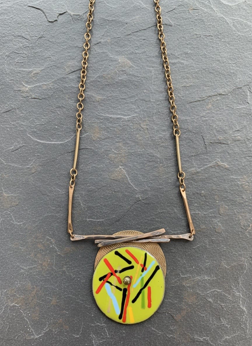 Lines of Energy — One-of-a-Kind Enamel & Brass Pendant