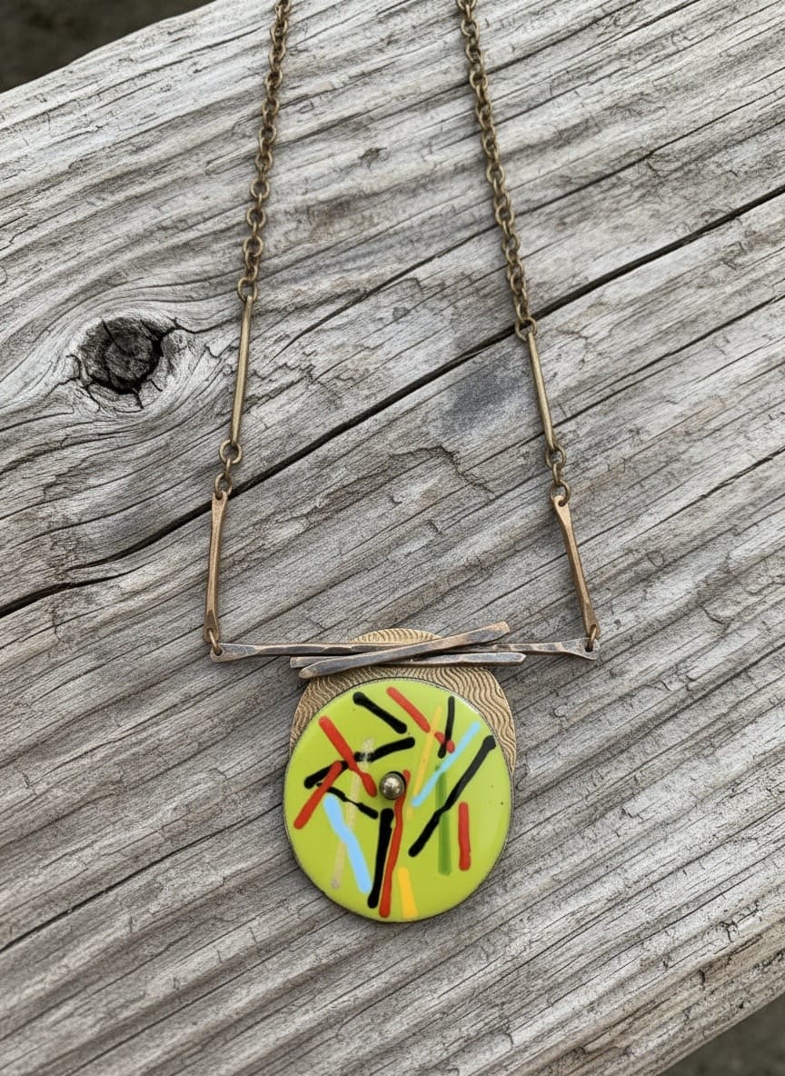 Lines of Energy — One-of-a-Kind Enamel & Brass Pendant