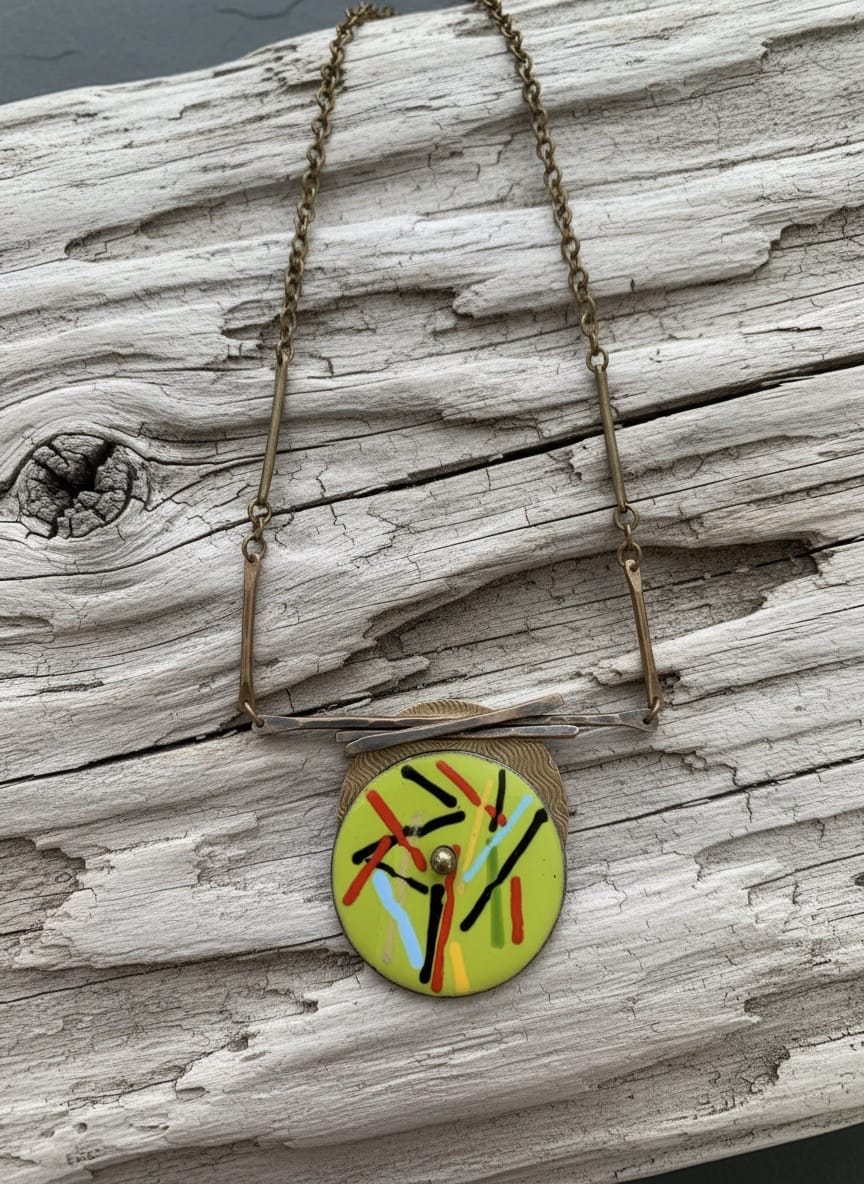 Lines of Energy — One-of-a-Kind Enamel & Brass Pendant