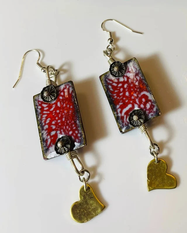 'I Choose You ' Red Enamel with Brass hearts Art Jewelry Earrings