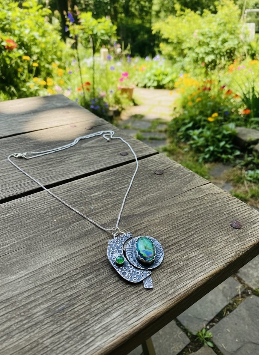 Into Orbit one-of-a-kind Monarch Opal and green Onyx necklace handcrafted in layered textured sterling silver by Christine Keller