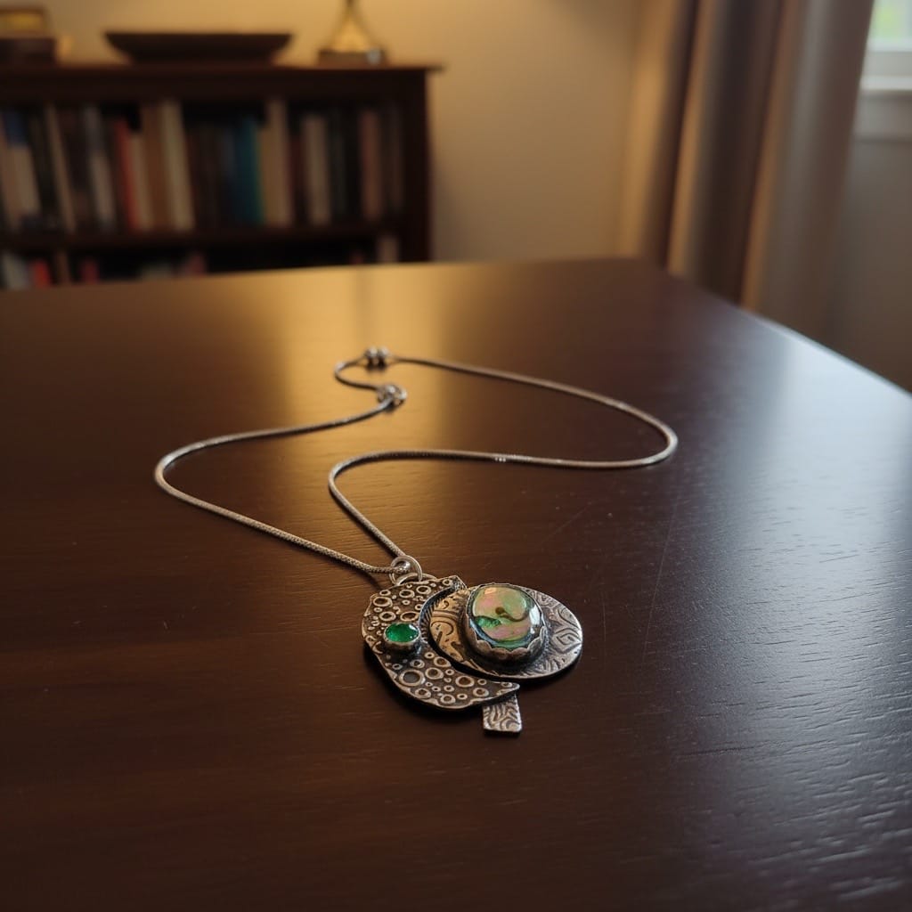 Into Orbit one-of-a-kind Monarch Opal and green Onyx necklace handcrafted in layered textured sterling silver by Christine Keller